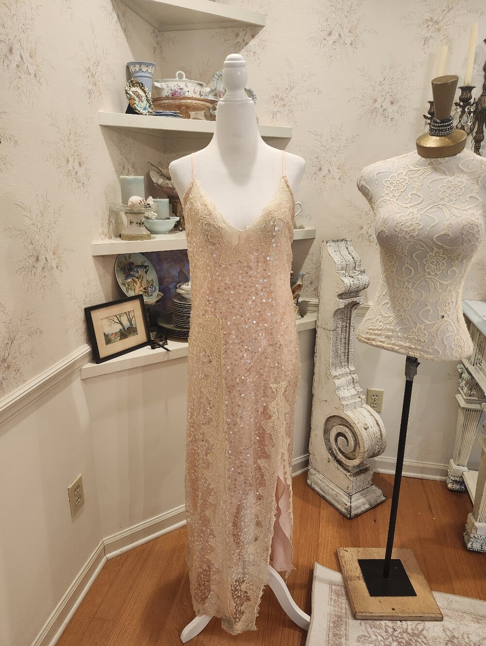 Nelly Blush Pink Sequin Maxi Dress Lace Slip Dress Wedding Guest Formal Gown XS